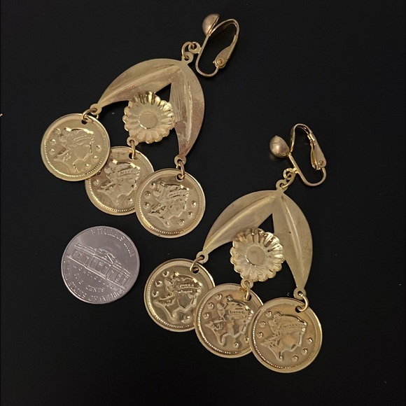 Vintage Etruscan Gold Ancient Coin Chandelier Drop Clip Ons Earrings - Picture 10 of 10
